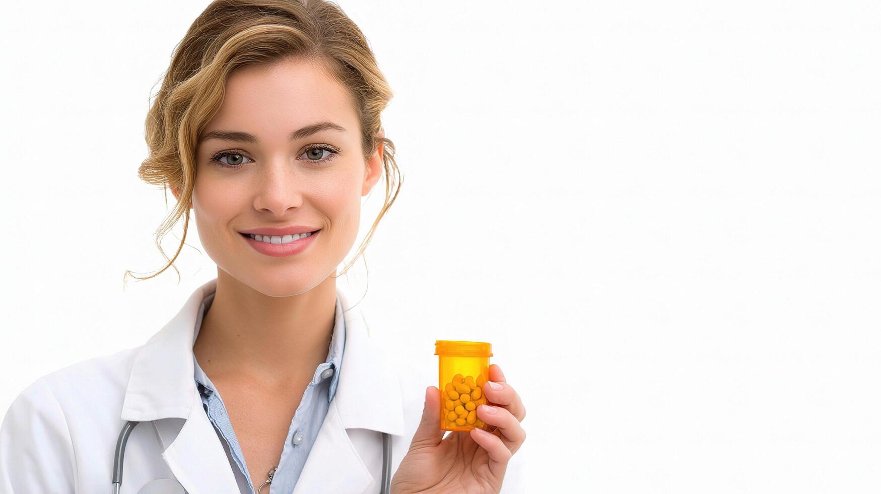 A woman in a lab coat holding a pill bottle photo