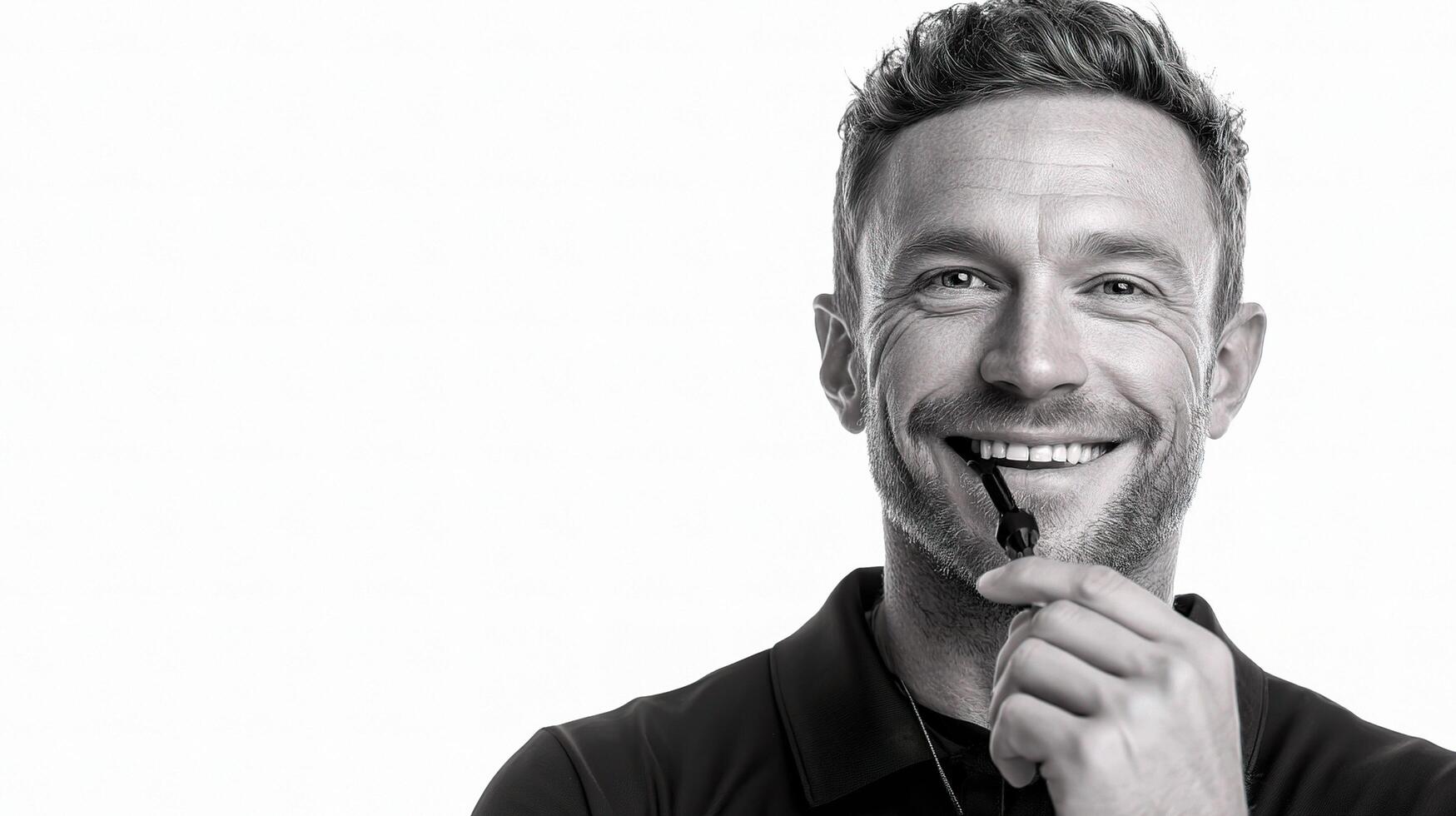 A man is smiling while holding a toothbrush photo
