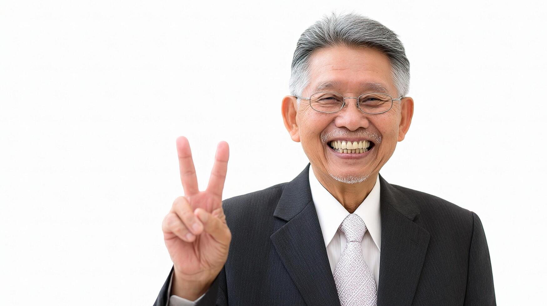 An older man in a suit and tie showing a peace sign photo