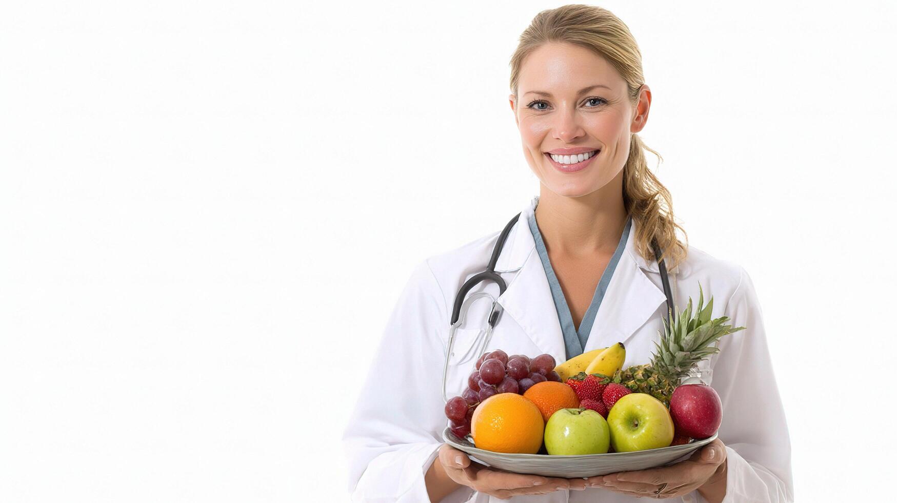 A woman in a white coat holding a plate of fruits photo