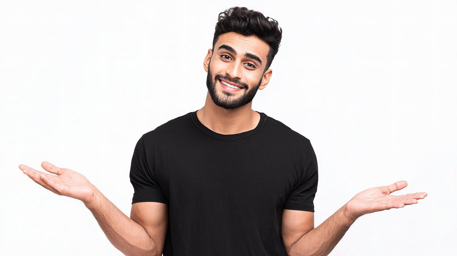 A man with a beard and a black shirt is standing with his hands open photo