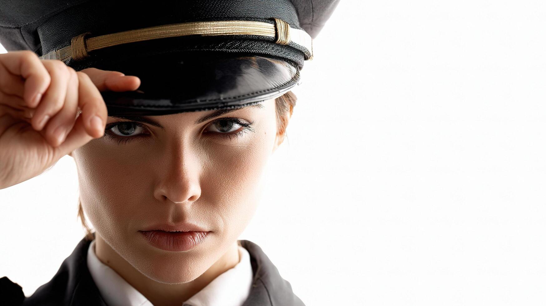 A woman in a uniform is holding her hat photo