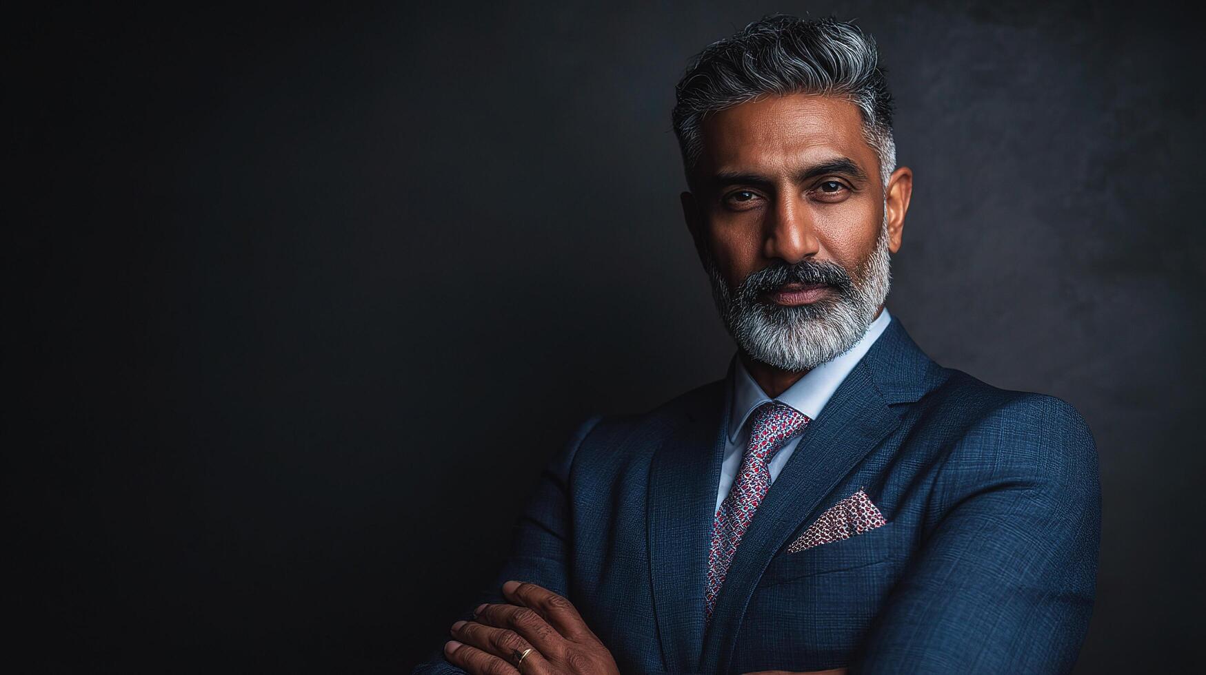 A man with a beard and suit standing in front of a black background photo