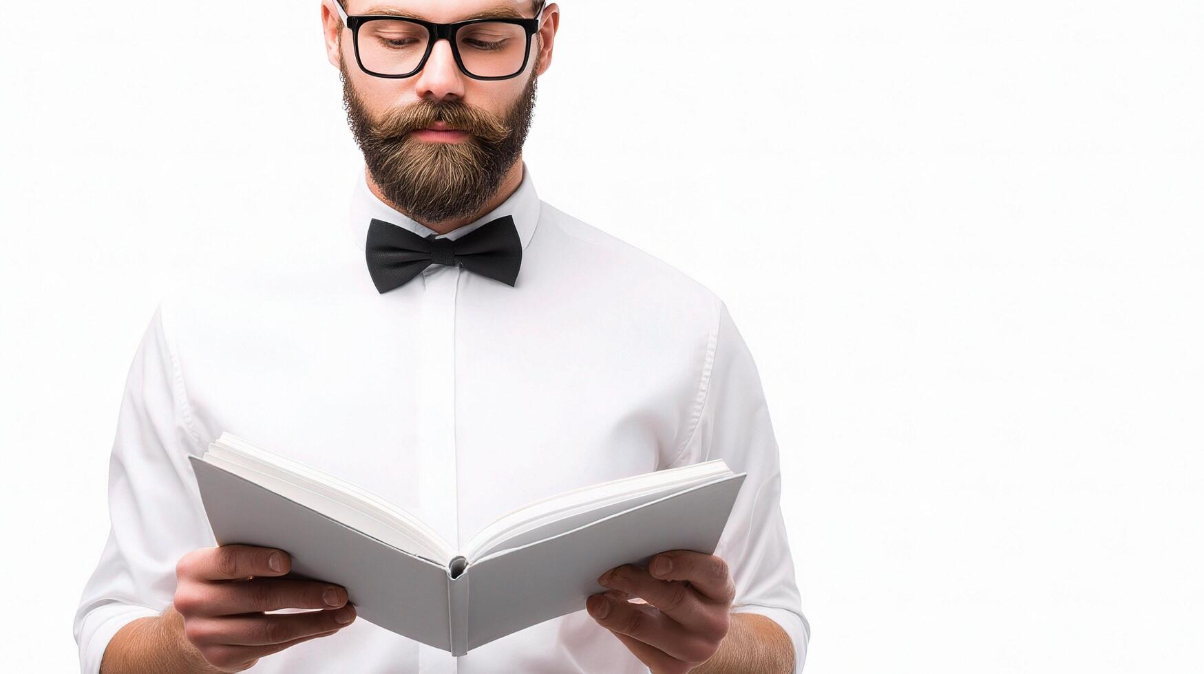 A man with a beard and glasses is reading a book photo