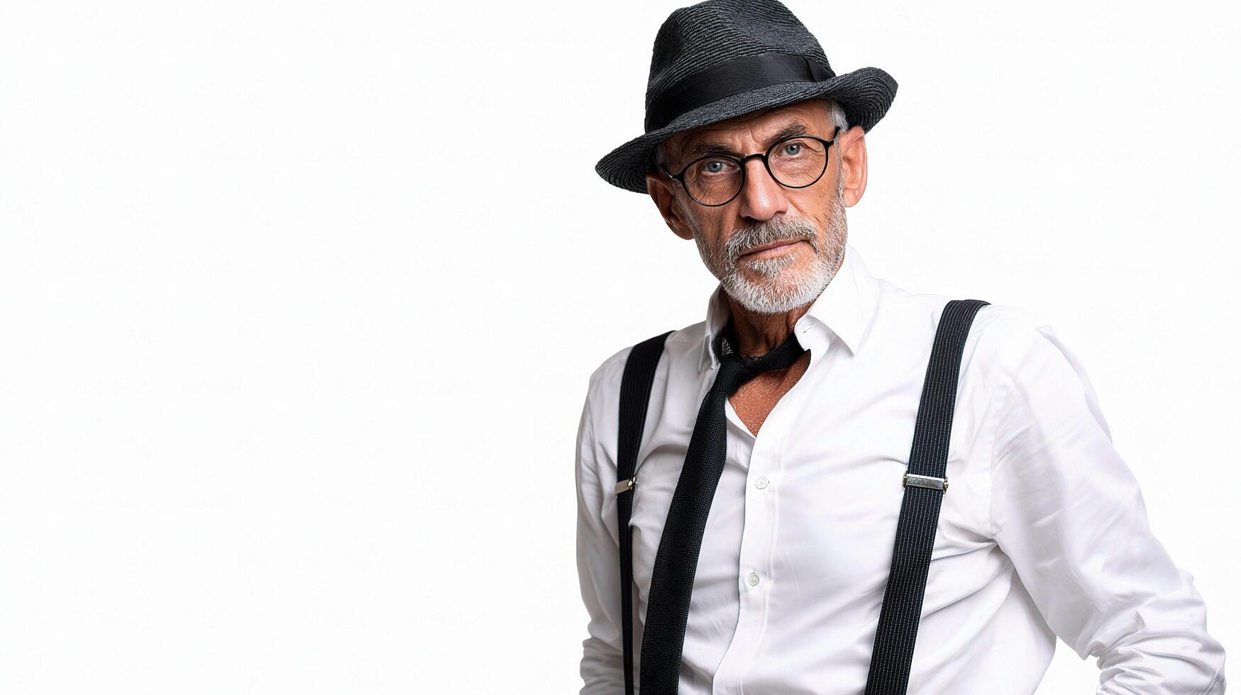 A man with glasses and a hat is wearing suspenders photo