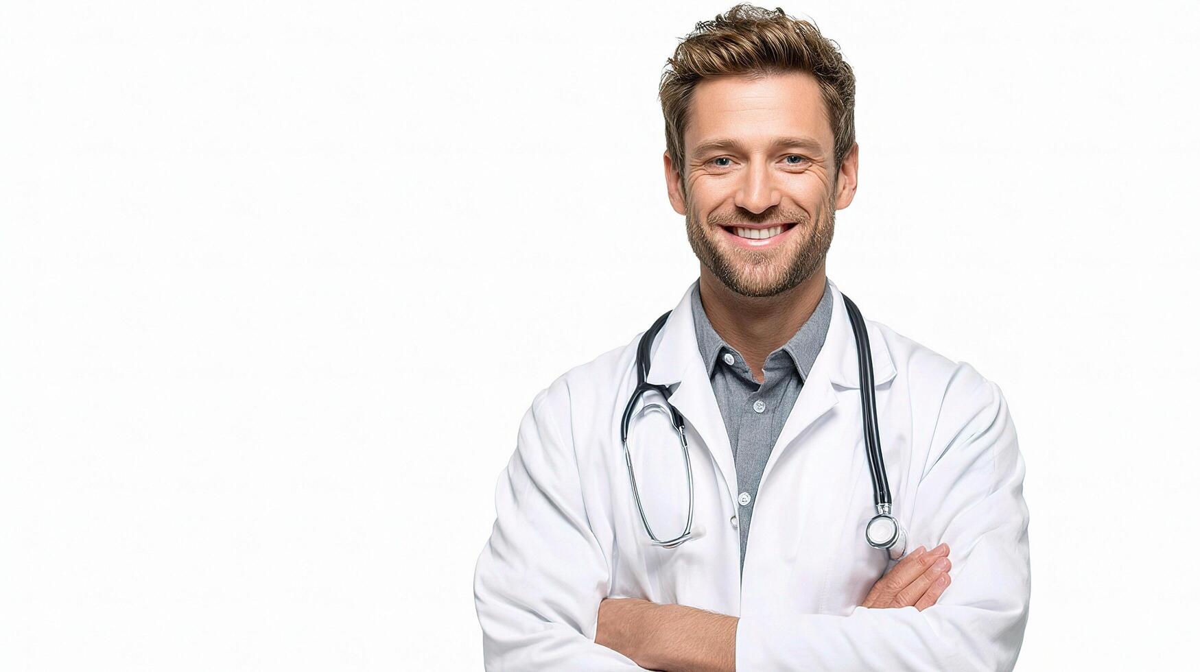A male doctor is smiling and standing with his arms crossed photo