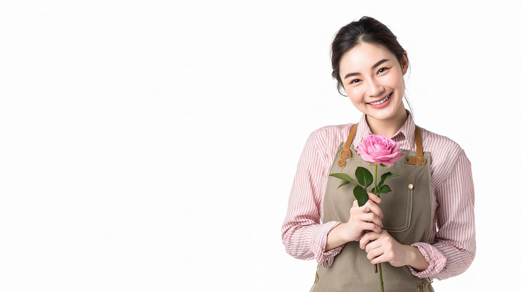 A woman holding a pink rose in her hand photo
