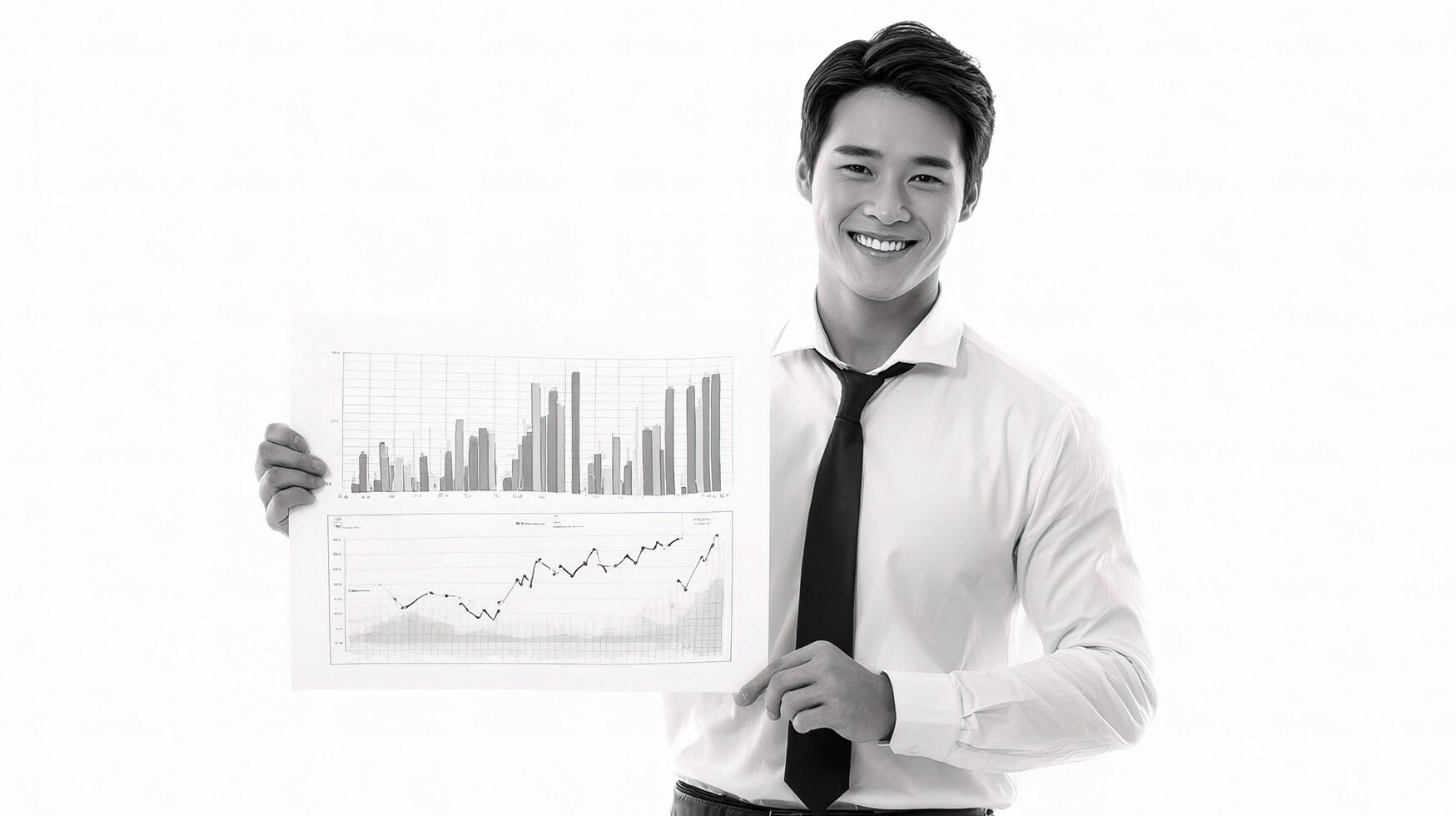 A man in a tie holding a chart with graphs on it photo