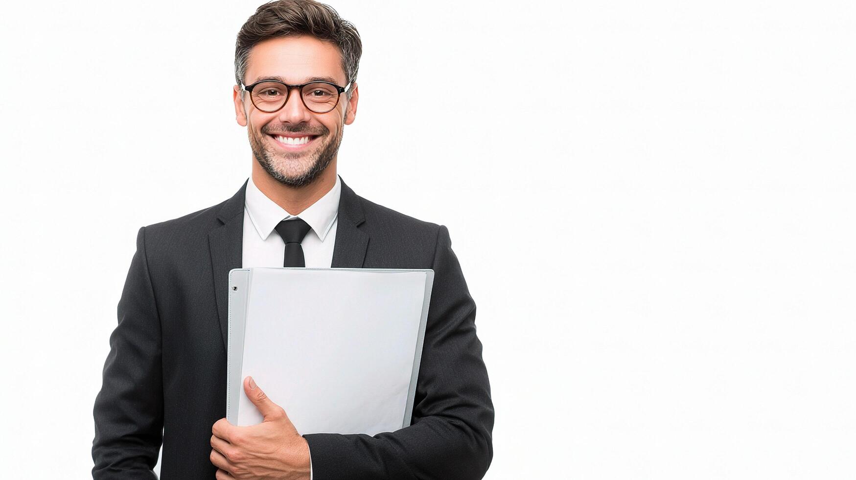 A man in a suit and glasses holding a folder photo