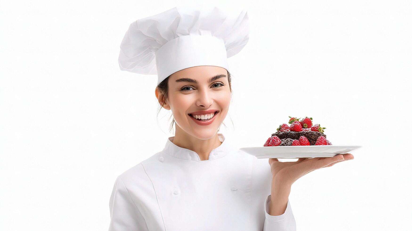 A woman in a chef hat holding a plate with a cake photo