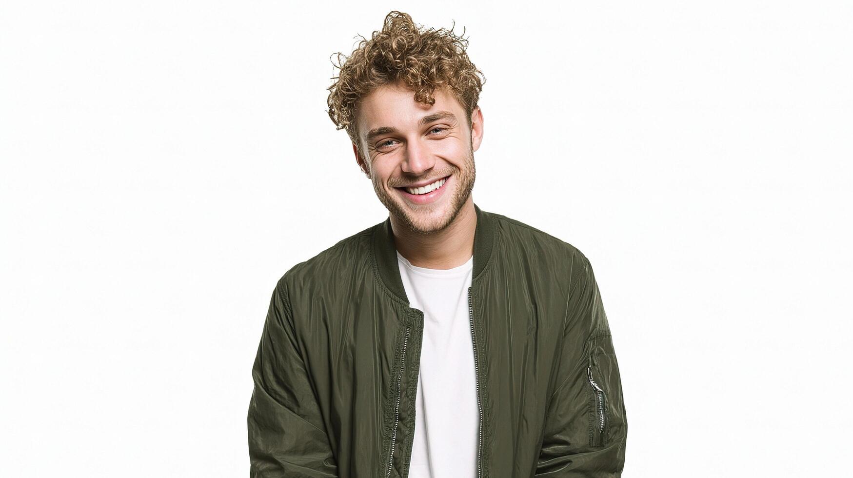A man with curly hair wearing a green jacket photo
