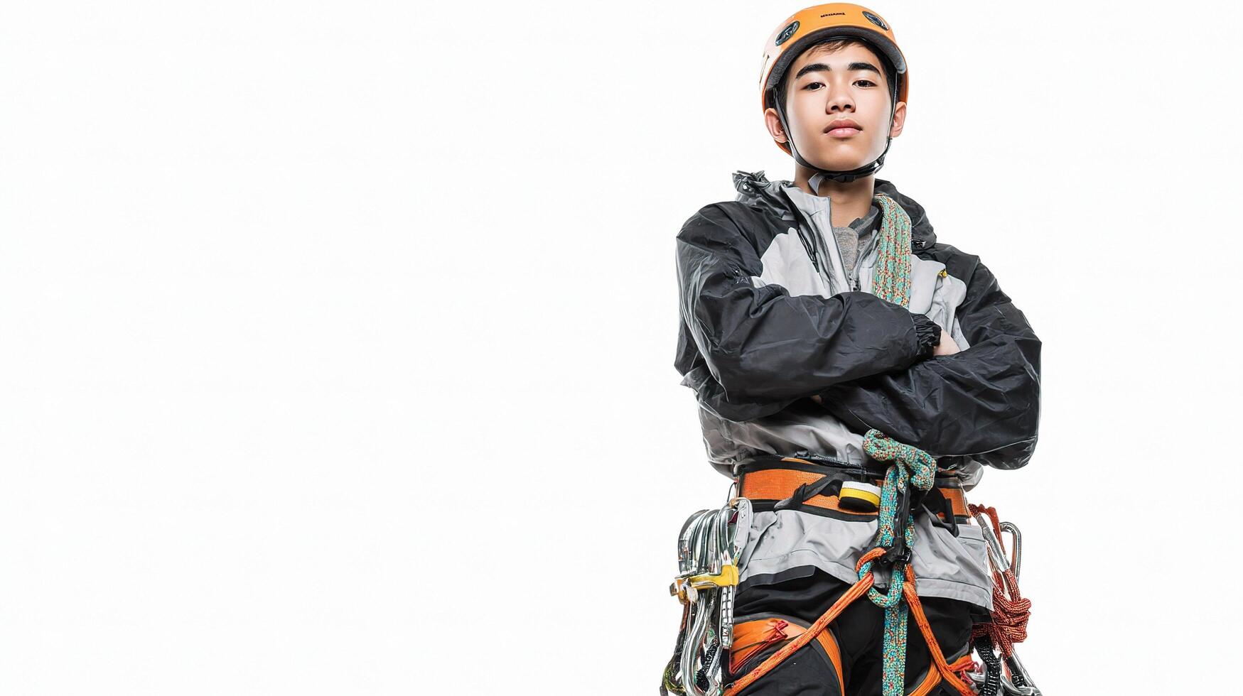 A man in a climbing outfit posing for a photo