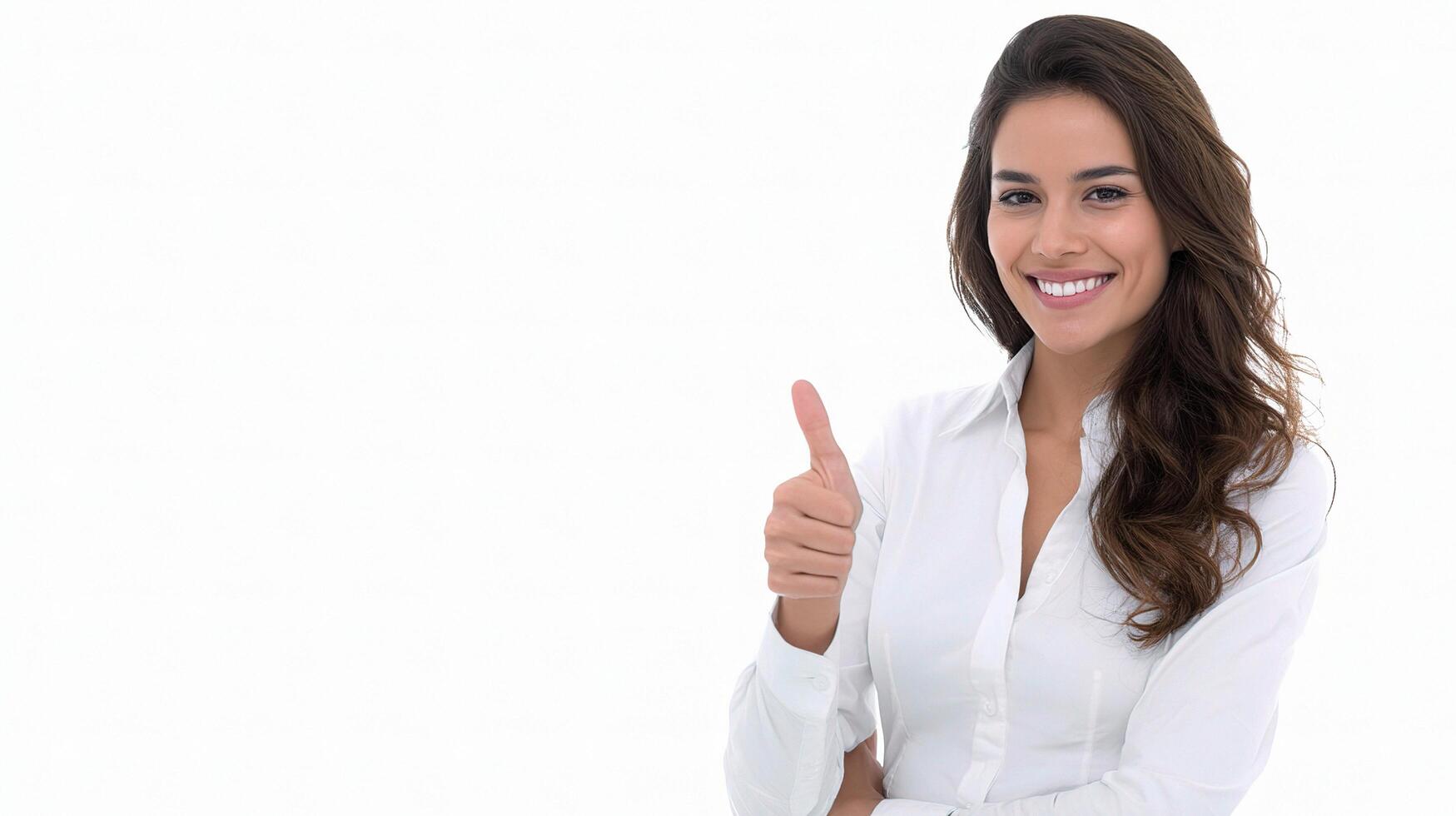 A woman in a white shirt is giving the thumbs up photo