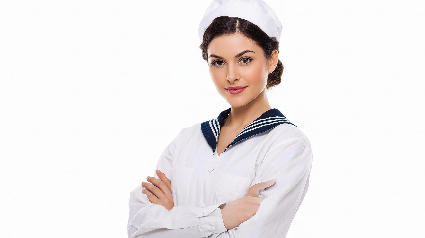 A woman in a sailor uniform posing for the camera photo