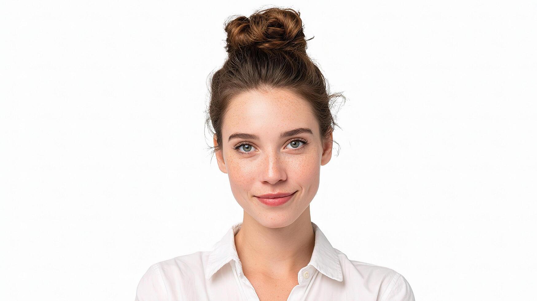 A woman with a white shirt and a bun in her hair photo
