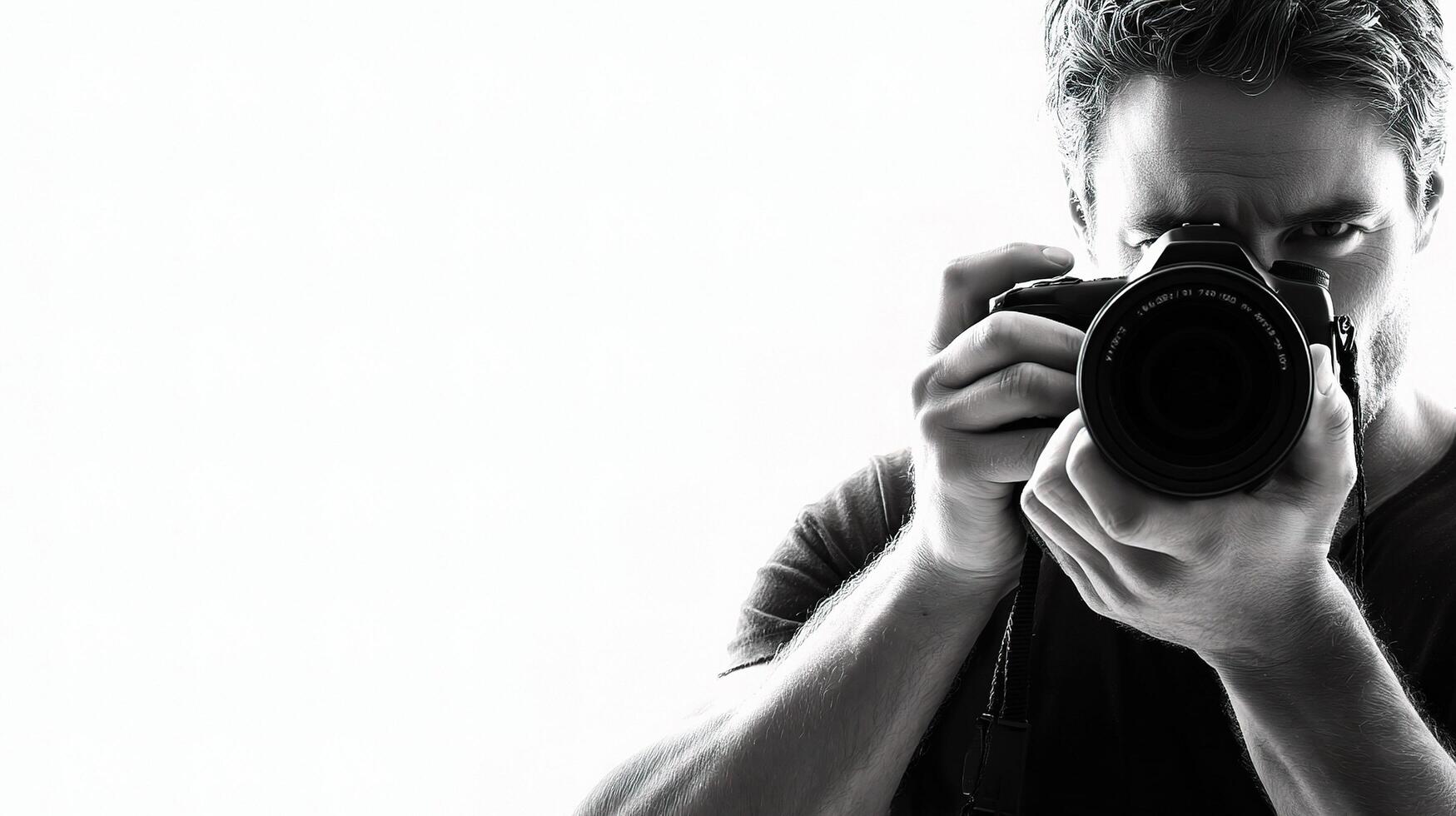 A man holding a camera in front of a white background photo