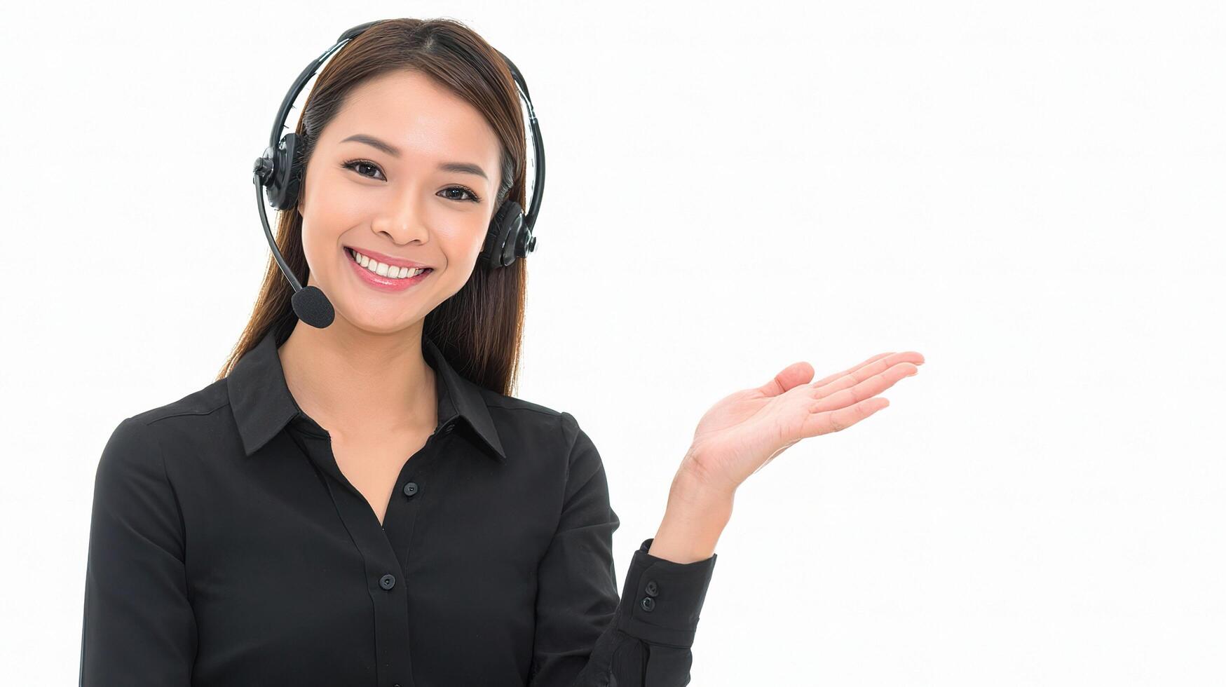 A woman wearing a headset and pointing to the side photo