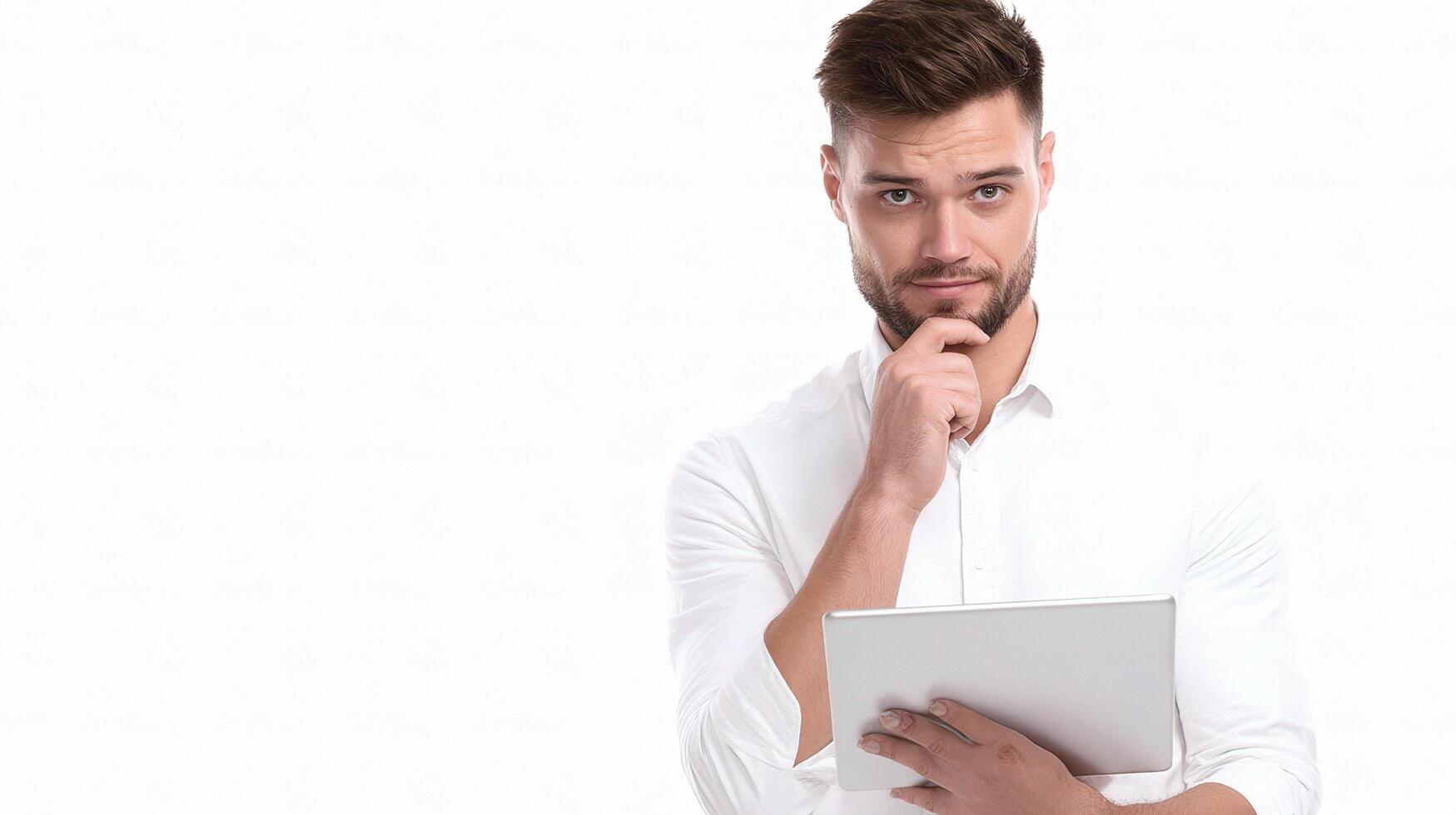 A man is holding a tablet computer and looking at it photo