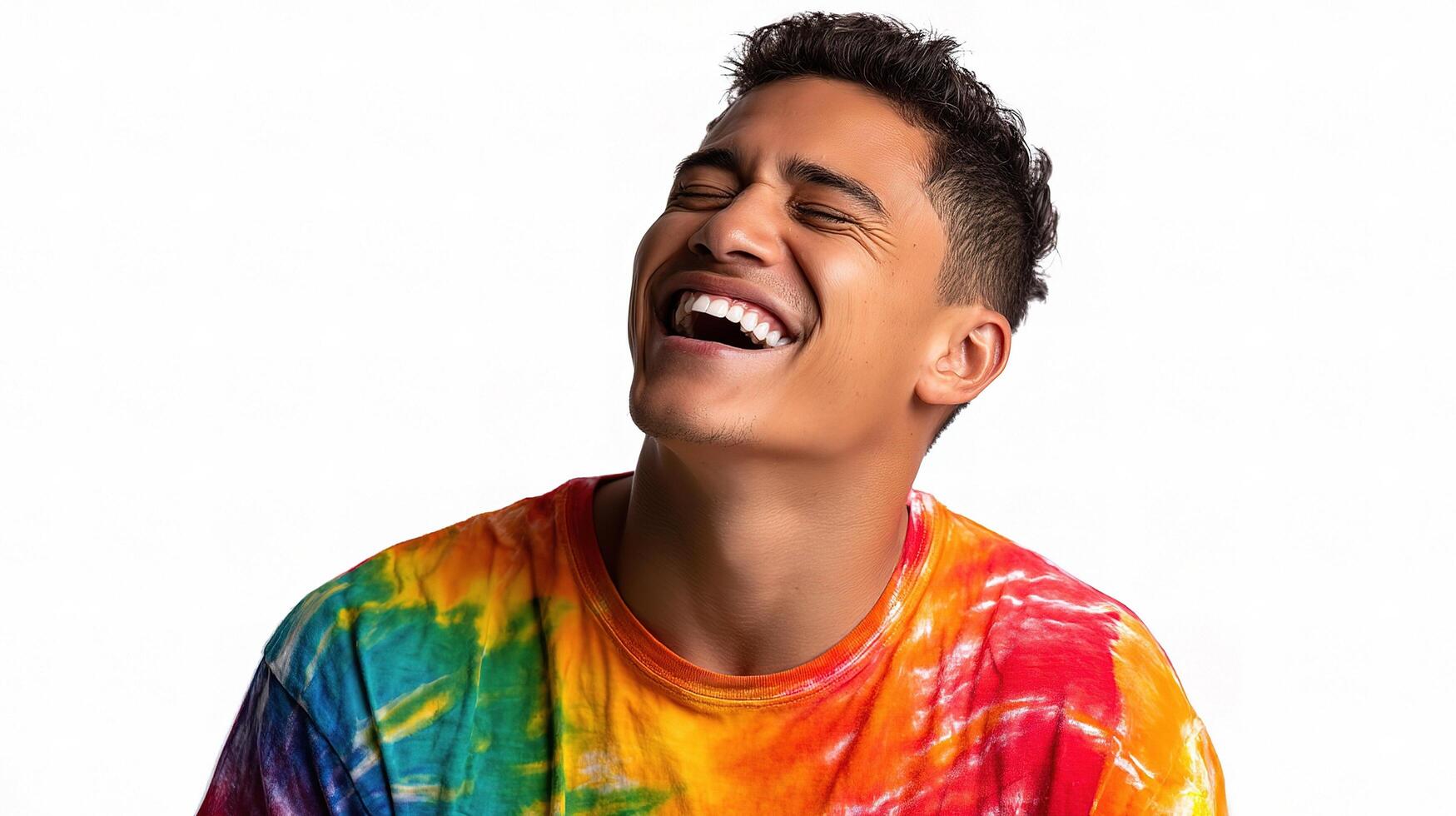 A man laughing while wearing a tie dye shirt photo