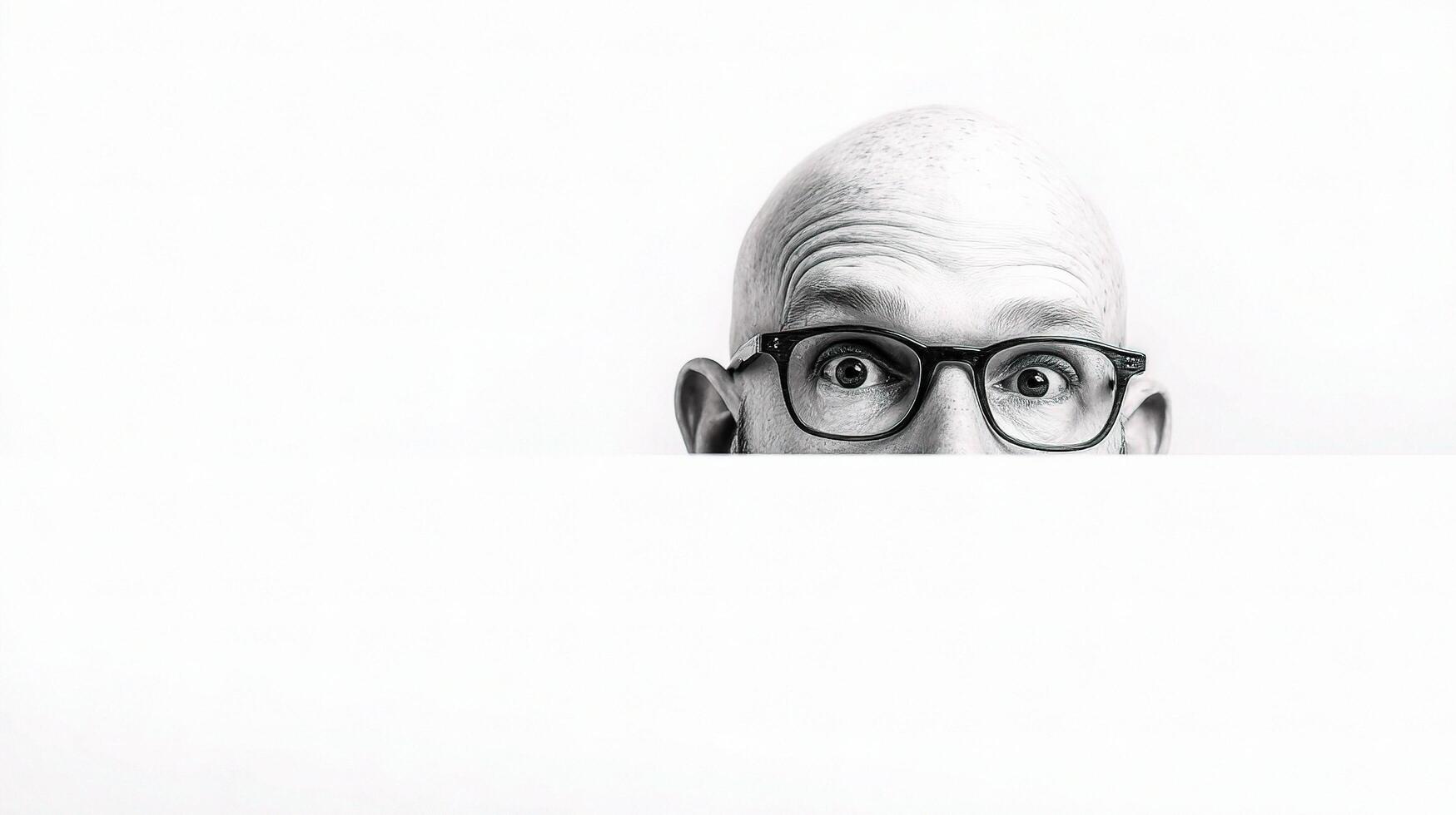 A bald man with glasses peeking out from behind a white wall photo
