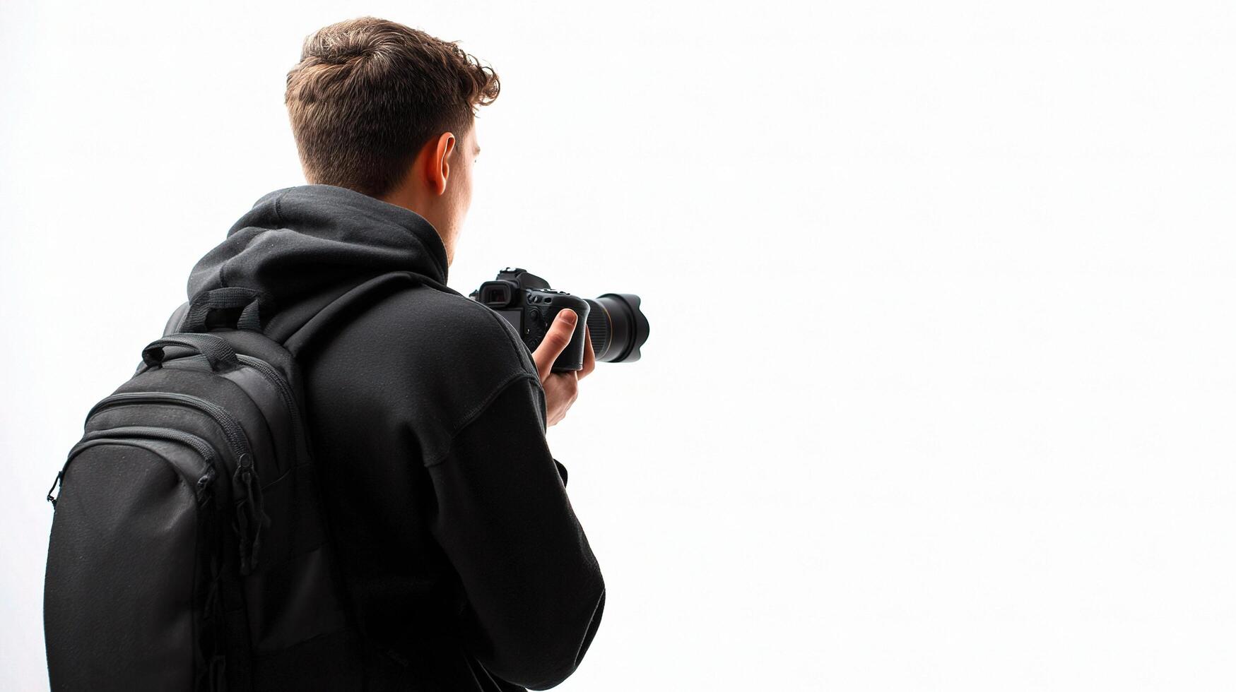 A man with a camera and backpack is taking a picture photo