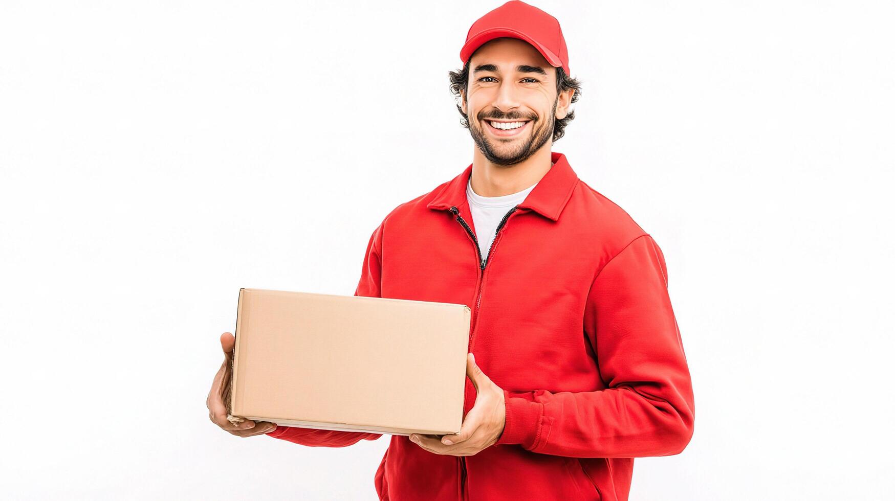 A smiling man in a red jacket holding a box photo