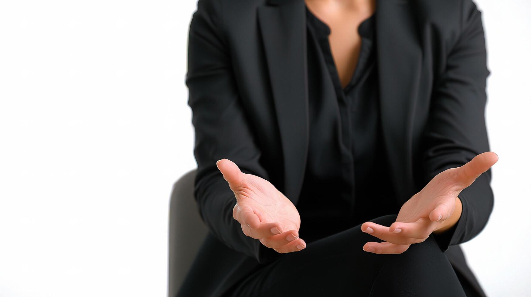 A woman in a suit is sitting on a chair photo