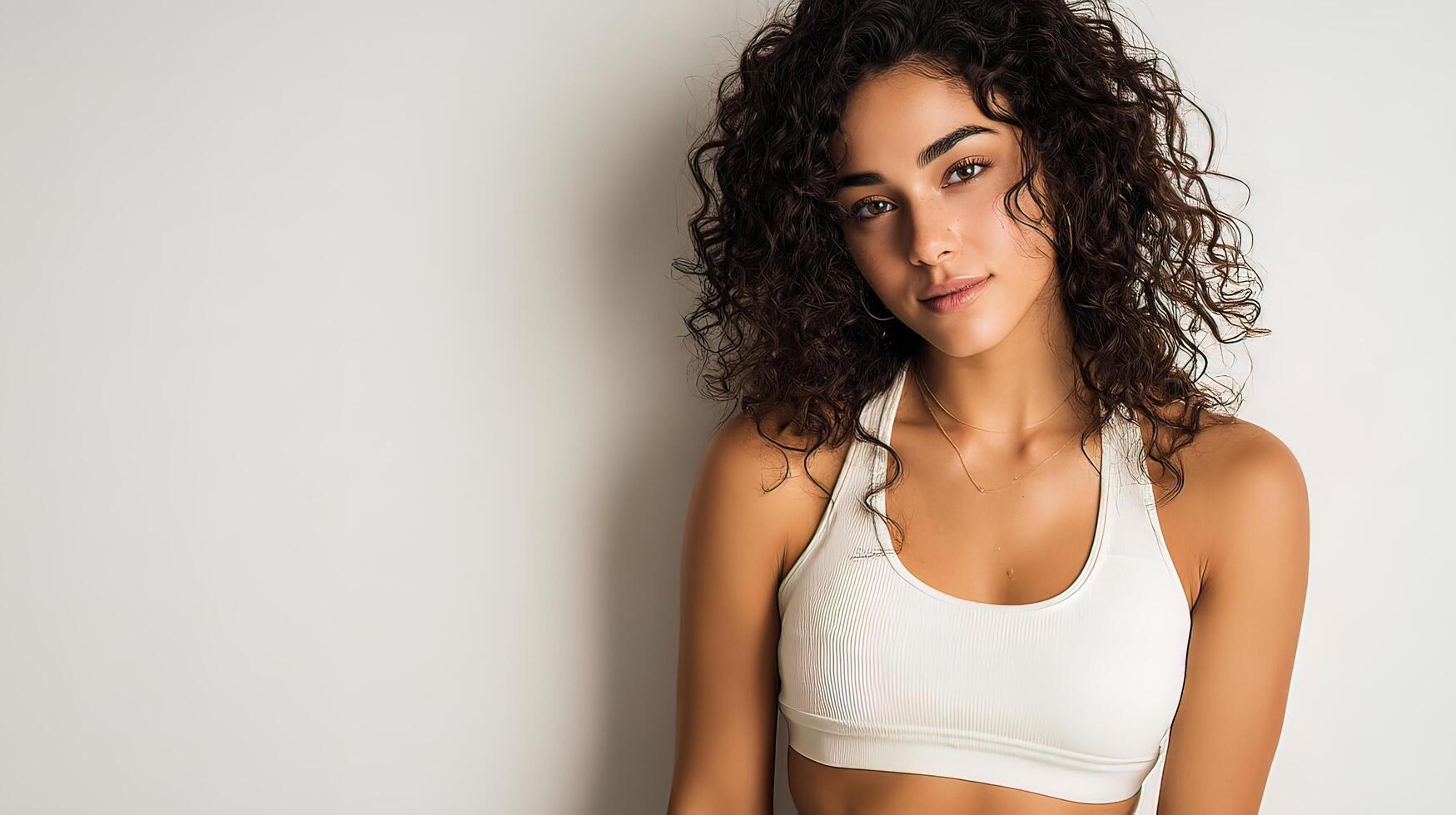 A woman with curly hair wearing a white sports bra top photo