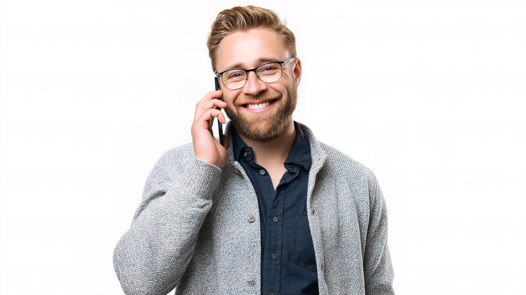 A man in glasses and a sweater talking on a cell phone photo