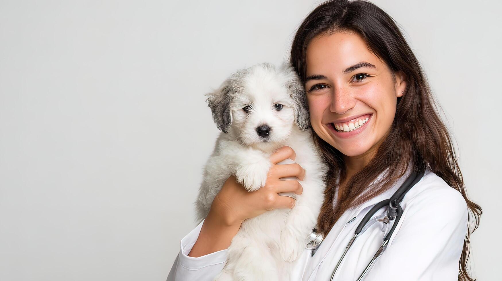 A woman in a white lab coat holding a small white dog photo