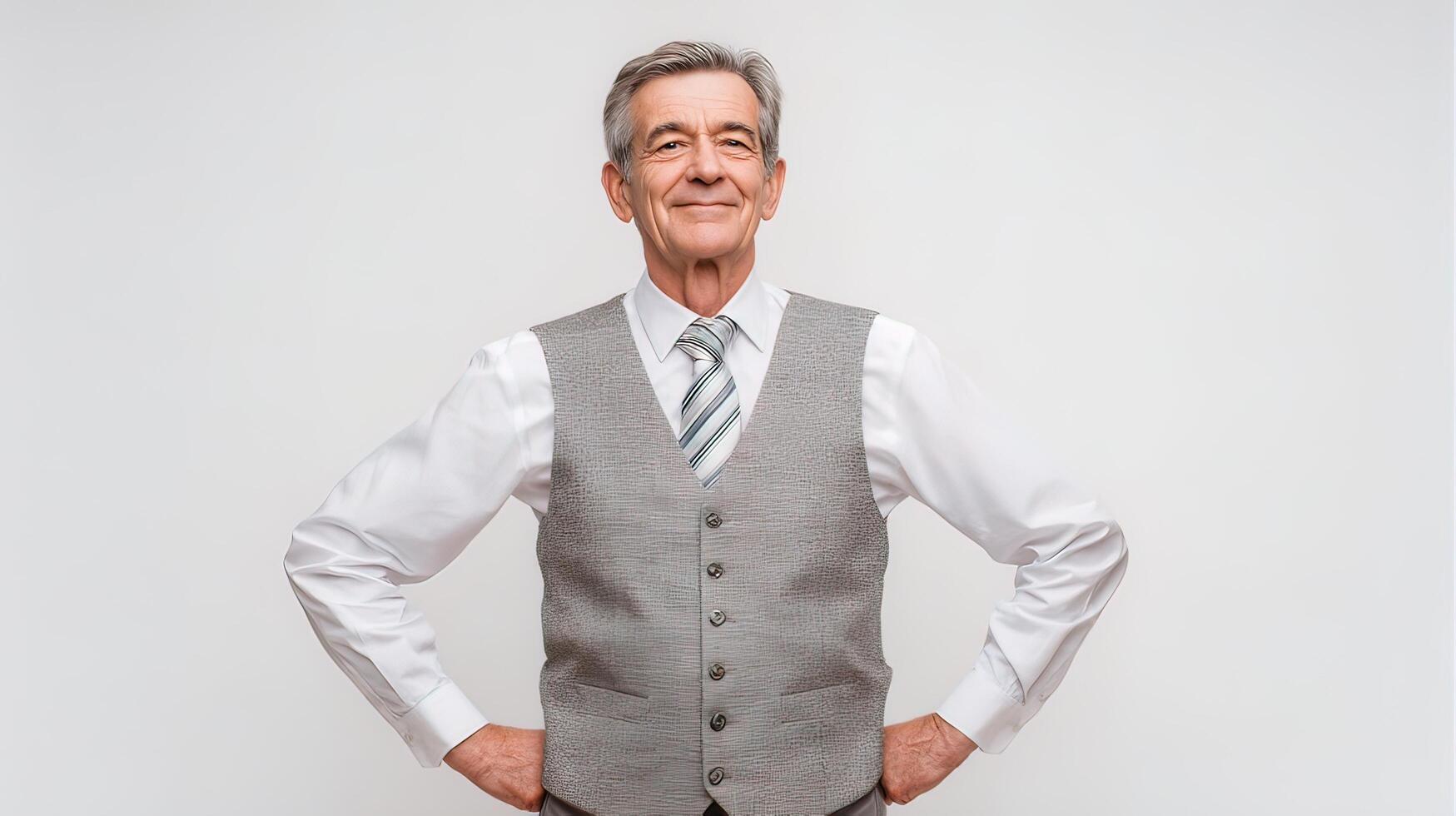 A man in a vest and tie standing with his hands on his hips photo