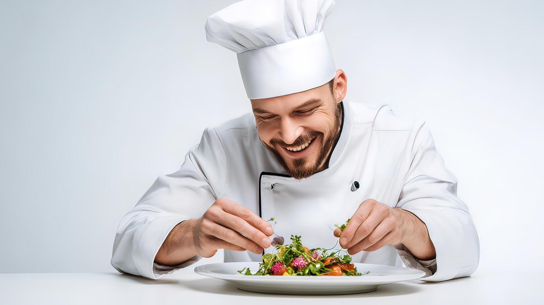 Chef smiling while eating salad on white plate photo