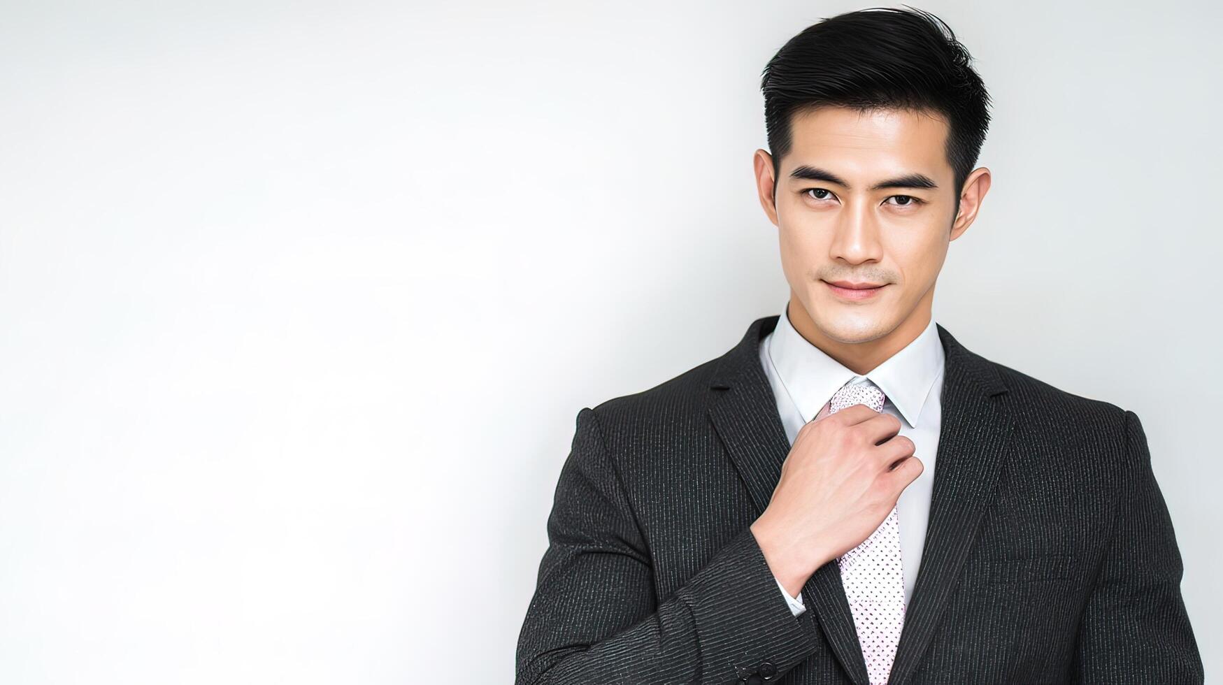 Asian man in suit adjusting tie photo