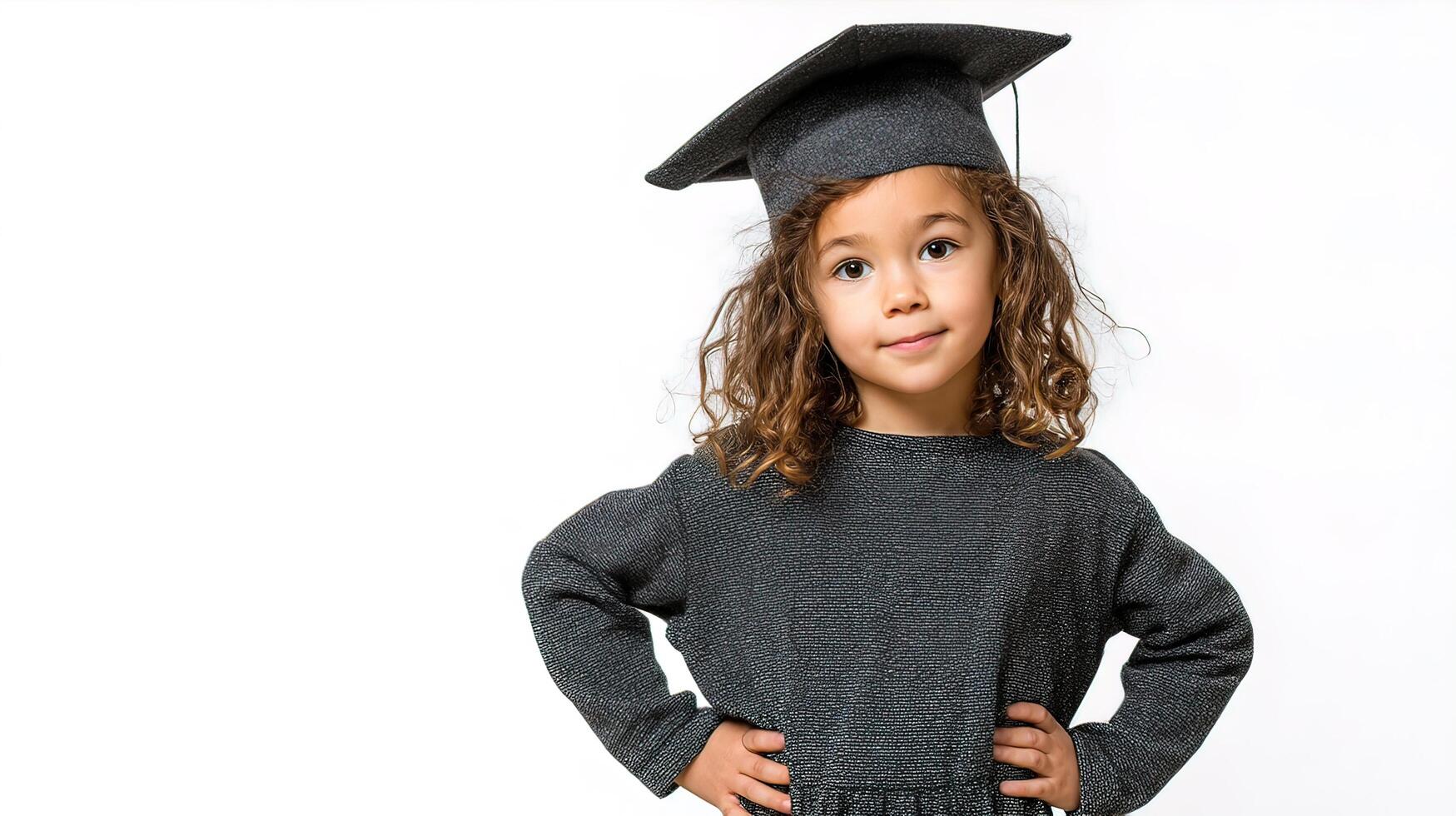 A young girl wearing a graduation cap and gown photo
