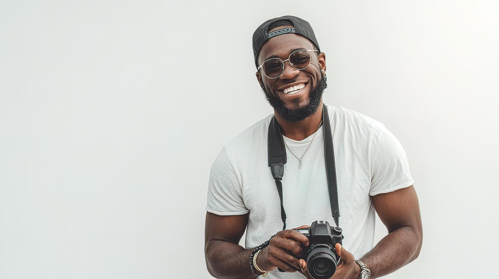 A smiling black man holding a camera photo