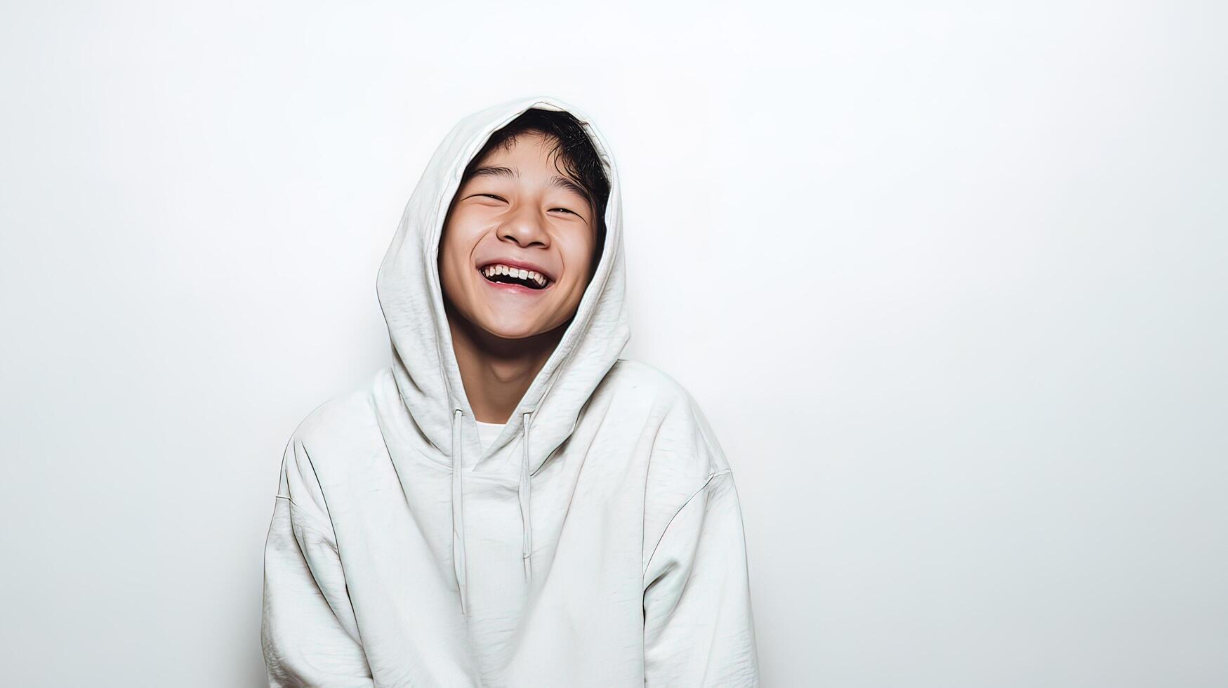 A young man in a white hoodie laughing photo