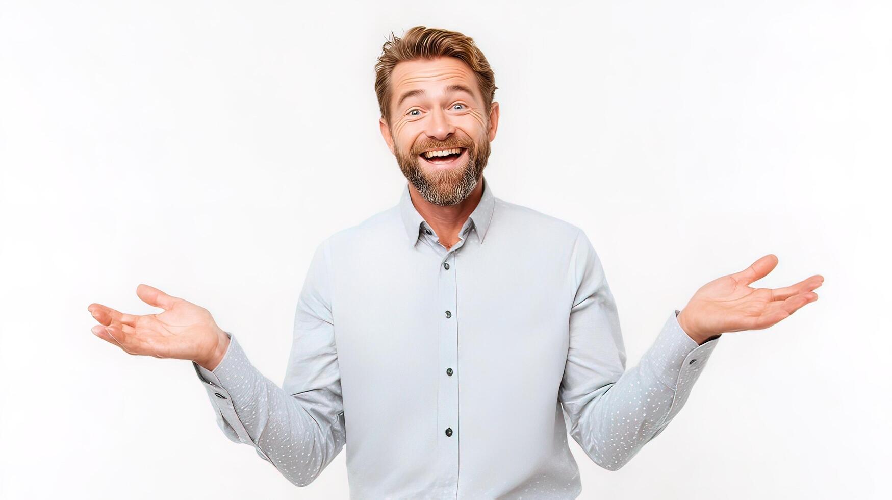A man is laughing and holding his hands out photo