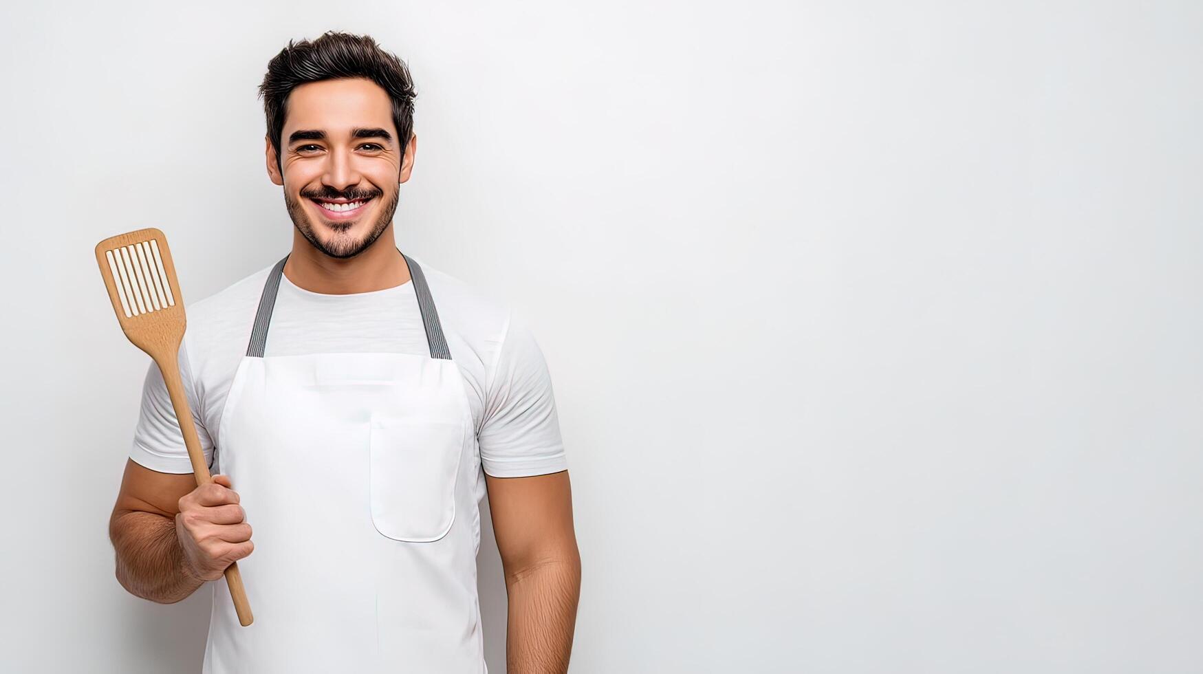 A man in an apron holding a wooden spatula photo