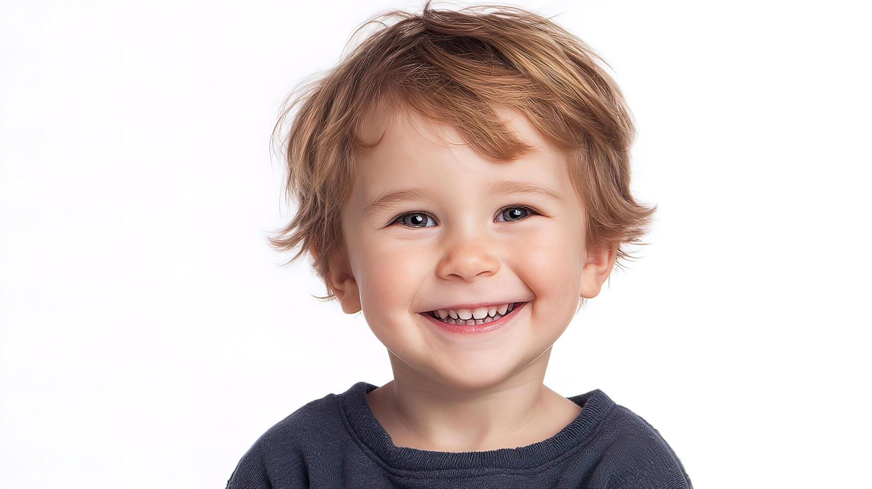 A young boy is smiling and wearing a blue shirt photo