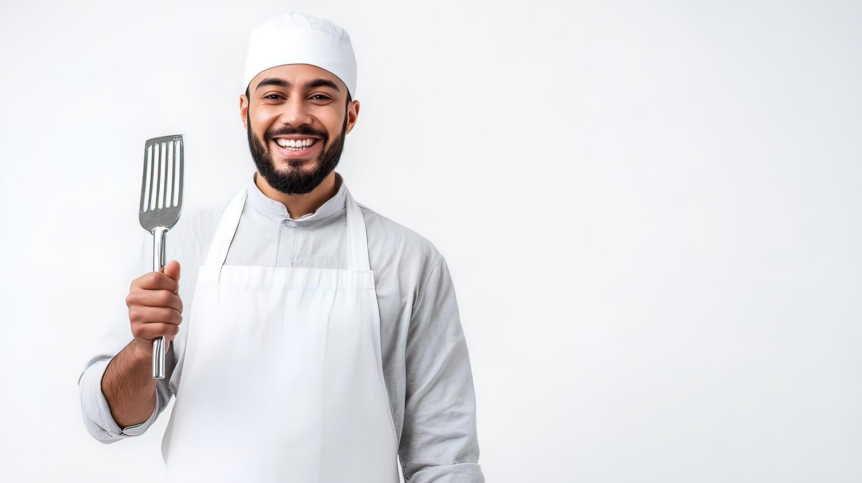 A smiling man in a chef's hat holding a fork photo