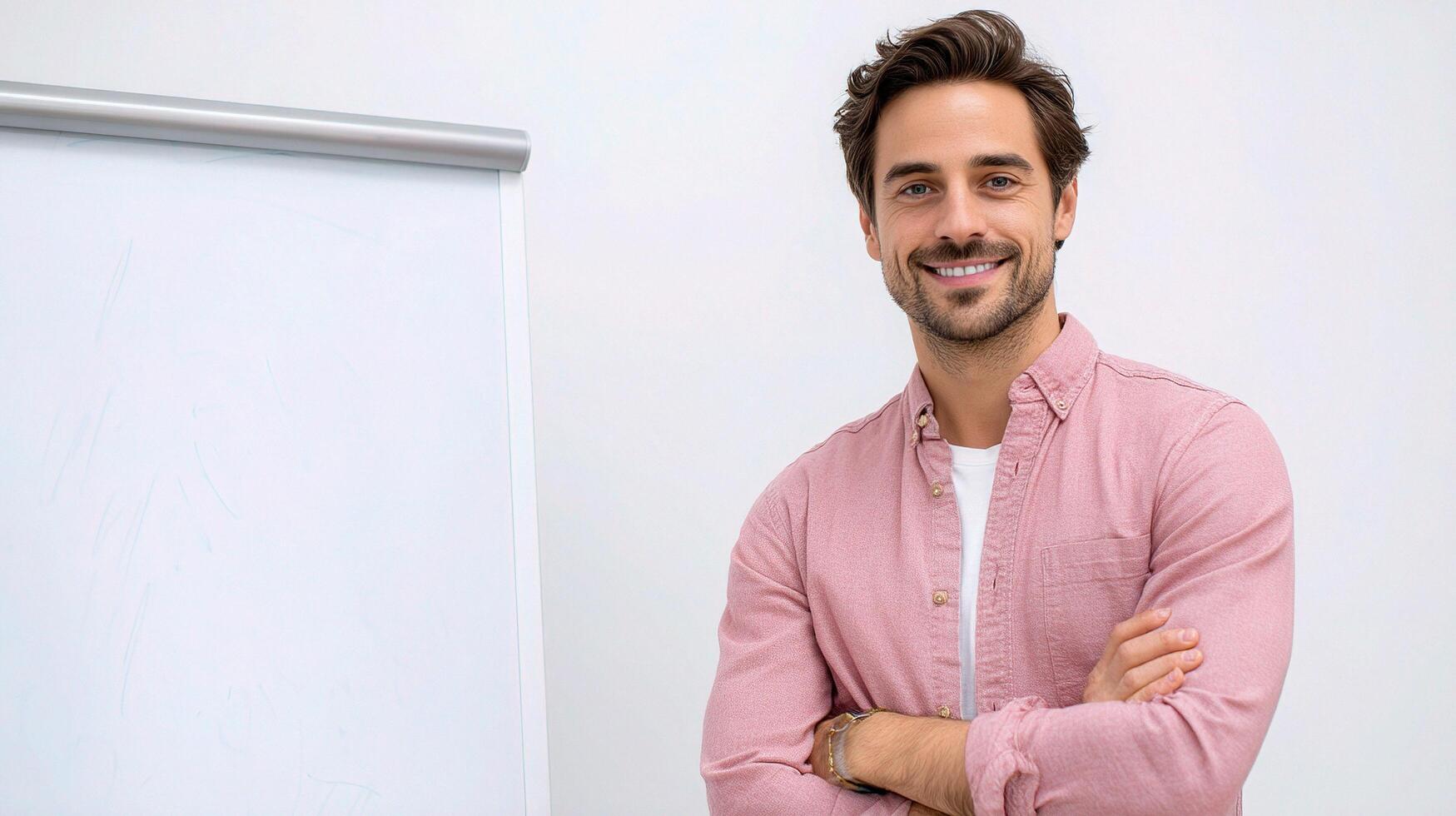 A man is standing in front of a whiteboard photo