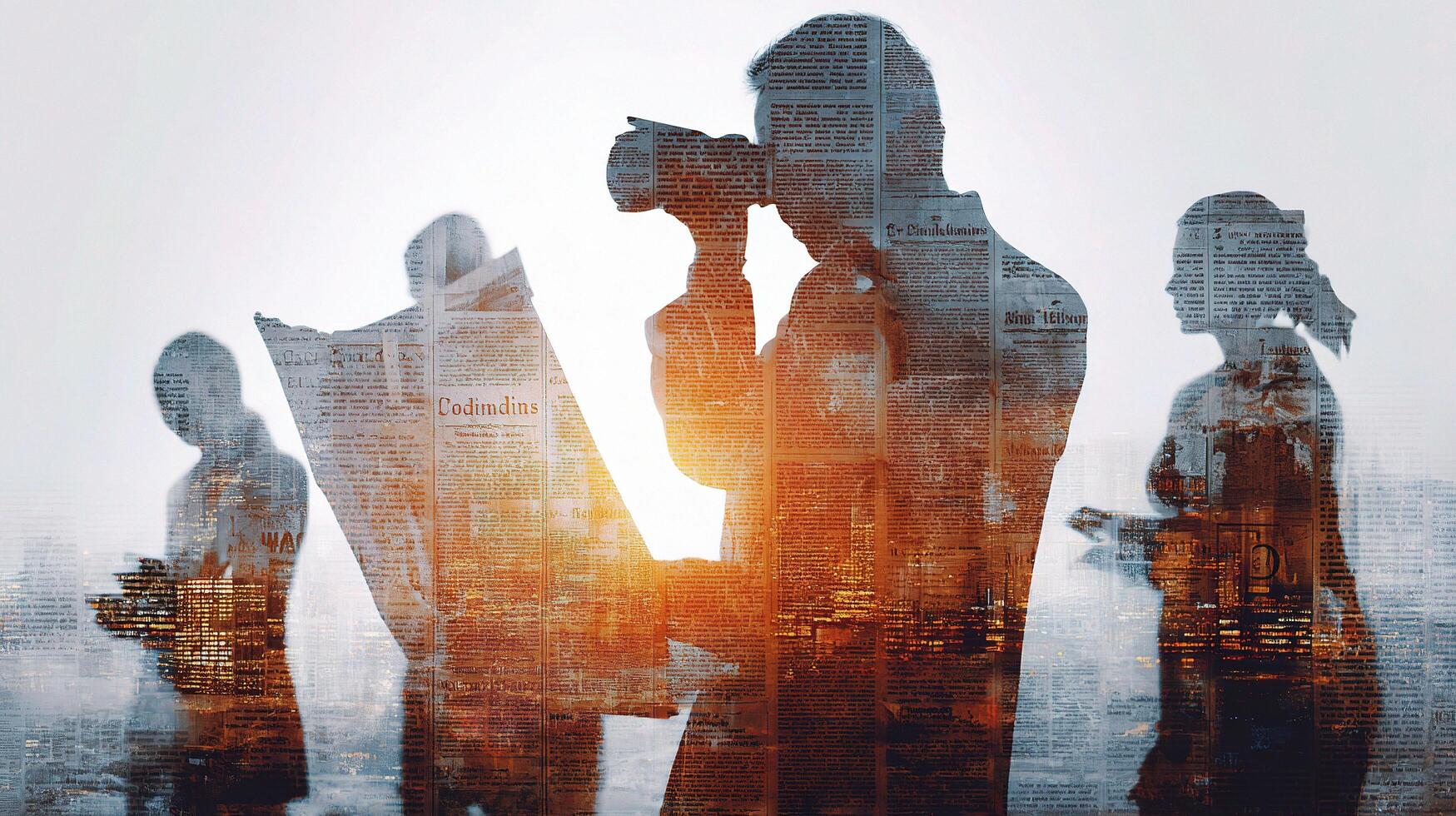 Silhouettes of people looking at a newspaper photo