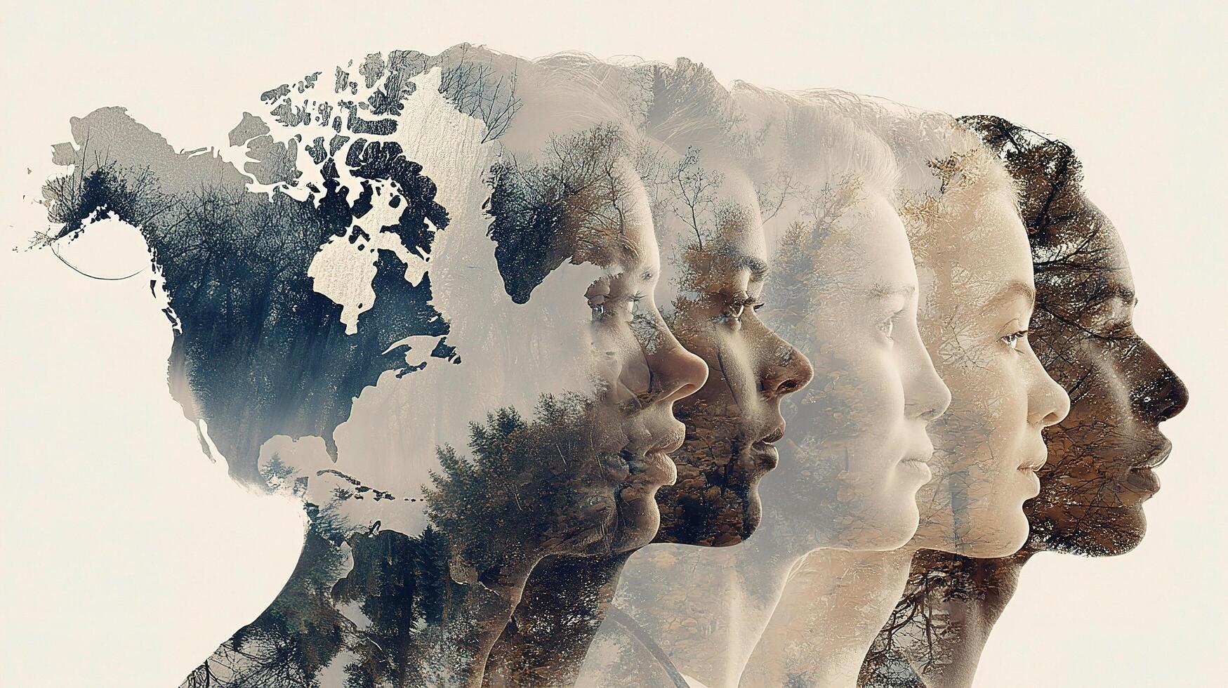 The faces of four people are shown in a double exposure photo