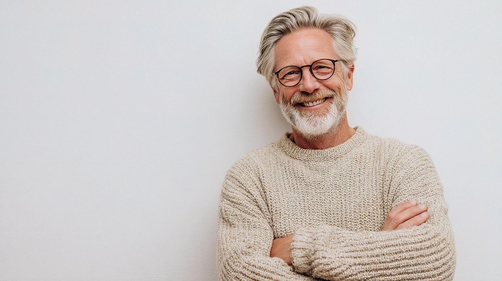 A man with glasses and a sweater standing in front of a white wall photo