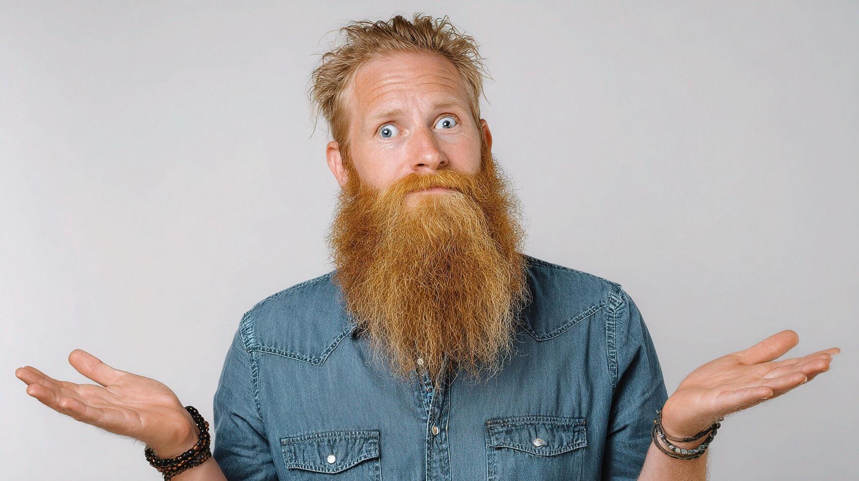 A man with a long beard and a blue shirt photo