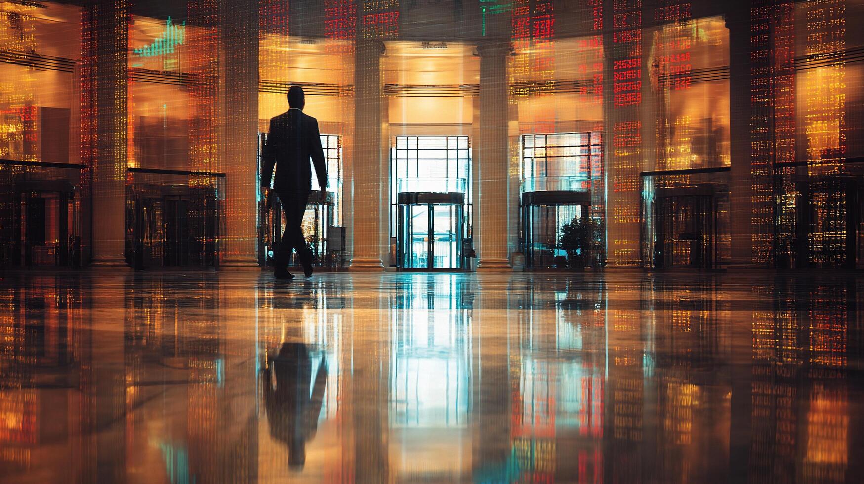 A man standing in front of a building with a lit up sign photo