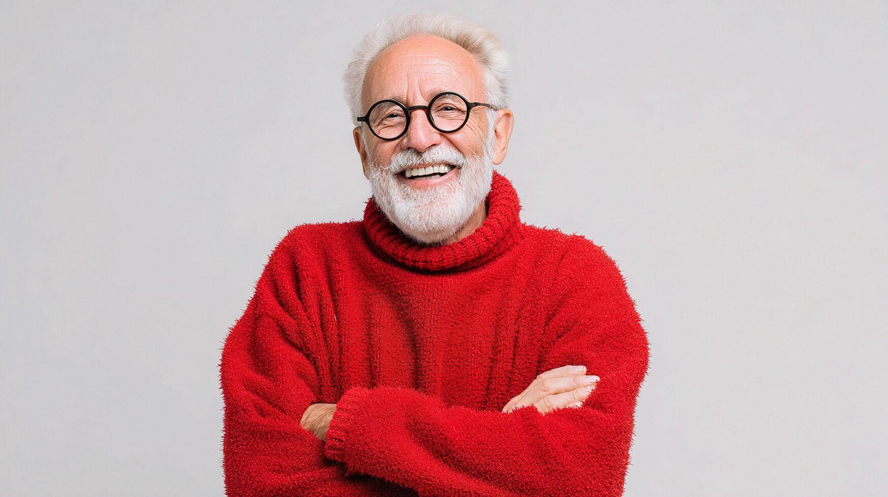 An old man in a red sweater and glasses photo
