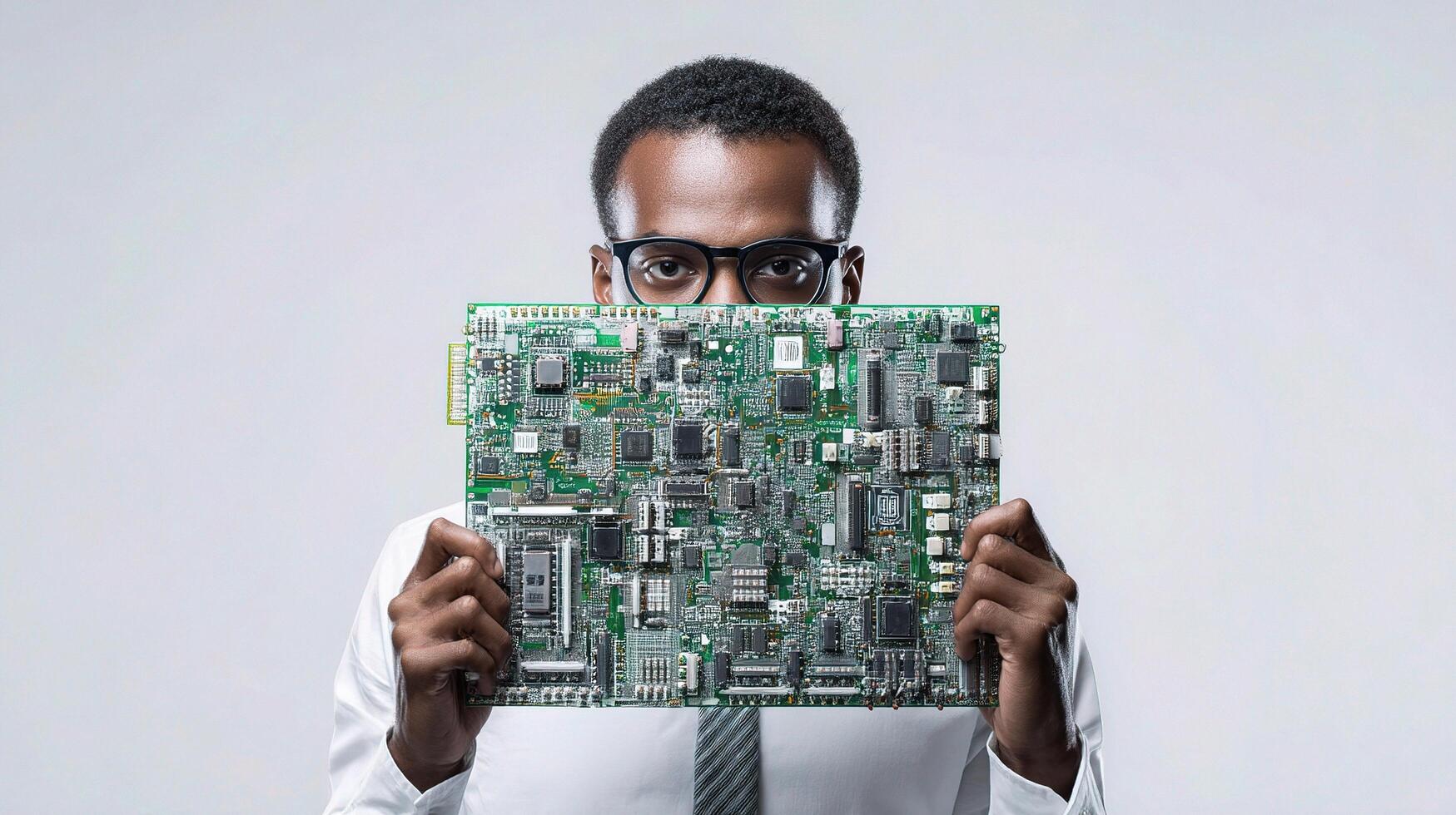 A man in a suit holding up a circuit board photo