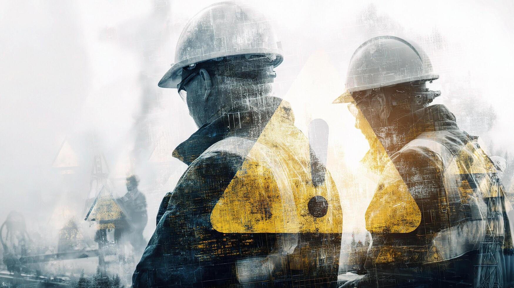 Two men in hard hats standing in front of a yellow and black sign photo