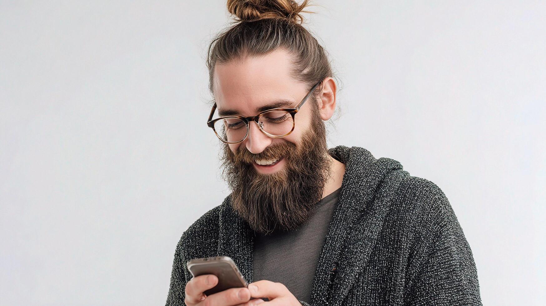 A man with a beard and glasses is smiling while using his phone photo